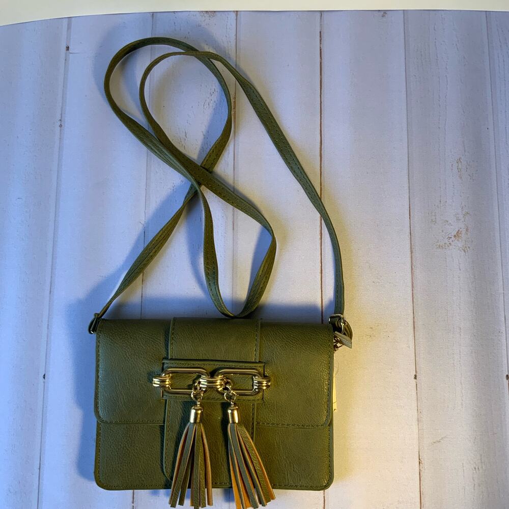 Khaki green leather purse with gold hardward & tassels